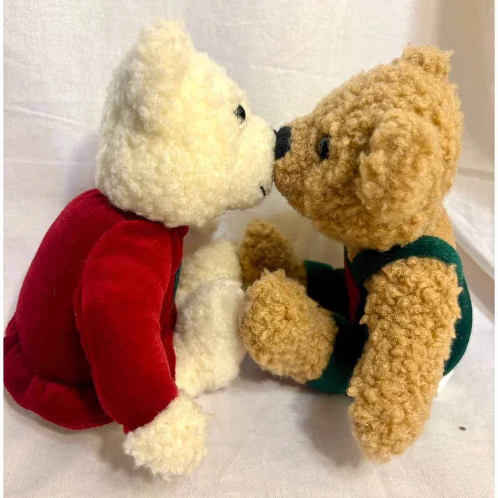 Vintage Hallmark Kissing Teddy Bears Magnetic Plush Set Holiday Snowflake 1190J